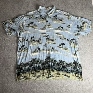 Hawaiian Shirt Mens XXL Blue Palm Tree Tropical Rayon Button Up Natural Issue